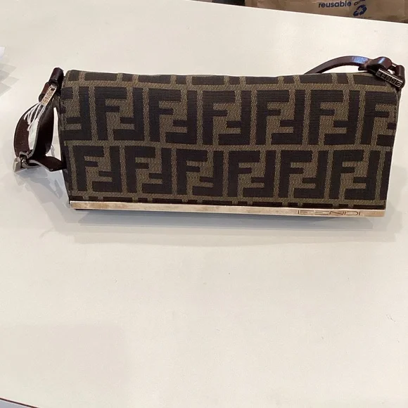Fendi FF Zucca Canvas Clutch Shoulder Bag in Brown - Picture 1 of 4